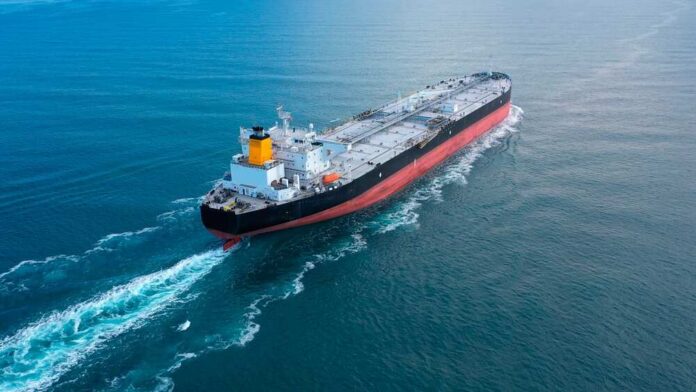 Oil,Tanker,Underway,Towards,Open,Sea.,Crude,Oil,Tanker,Ship, An oil tanker navigating through calm ocean waters