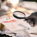 Gloved hand holding a magnifying glass over scattered forensic documents