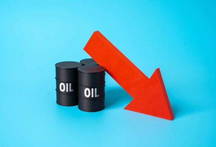 Barrels,Of,Oil,And,A,Falling,Arrow.,Falling,Oil,Prices. Three black oil barrels with the word 'OIL' and a red downward arrow
