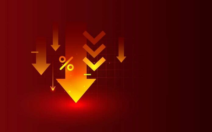 Graphic representation of downward arrows and a percentage symbol on a red background