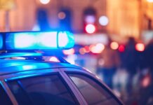 Bloody Weekend: 6 Dead, 19 Shot Close-up of a police car with blue emergency lights in a city at night