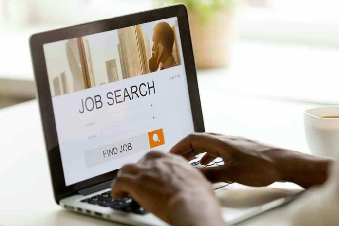 1044298738 Person searching for jobs on a laptop.