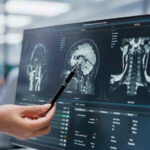 Doctor pointing at brain scans on a computer screen.