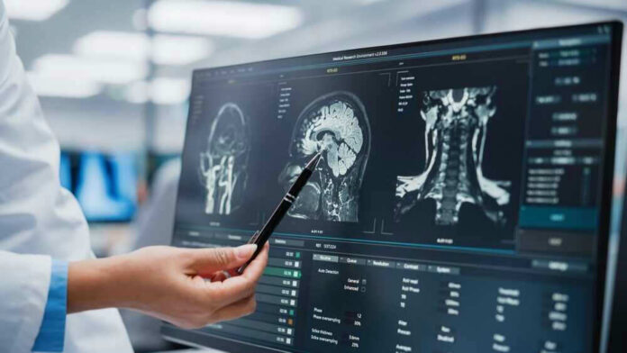shutterstock_2140344447 Doctor pointing at brain scans on a computer screen.