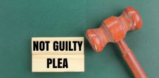 A wooden gavel next to a sign that reads 'NOT GUILTY PLEA'