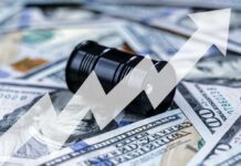 Iran Clash Chokes World Oil – Prices Skyrocket AGAIN! An oil barrel placed on a background of dollar bills with an upward trend graph overlay