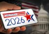 Hand holding a smartphone displaying 'MIDTERM 2026' with a star and American flag in the background