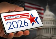 Election Shocker: South Carolina Jumps The Line Hand holding a smartphone displaying 'MIDTERM 2026' with a star and American flag in the background