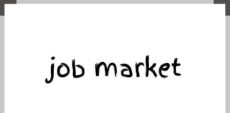 Handwritten phrase 'job market' on a white background
