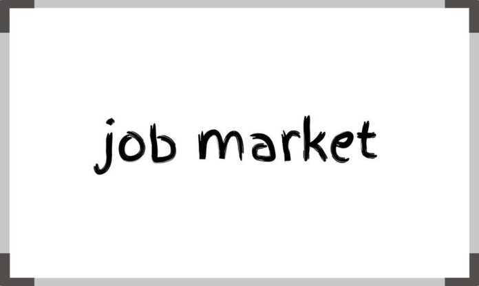 Job,Market,Term,On,Whiteboard Handwritten phrase 'job market' on a white background