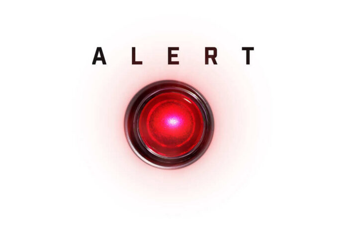 Alert,Lamp,Isolated,On,Pure,White,With,Red,Glow.,Red A red alert button with the word 'ALERT' above it