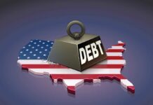 Debt Bomb Nears $2 Trillion — Again! A heavy weight labeled 'DEBT' sits on a map of the United States, symbolizing economic challenges.
