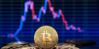 Bitcoin coins with a fluctuating price chart background.