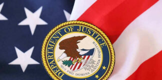 Department of Justice seal on American flag.