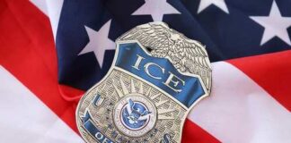 ICE officer badge resting on an American flag