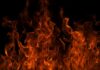 Wind-Whipped Inferno Empties City Close-up of vibrant flames against a black background
