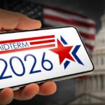 Hand holding a smartphone displaying 'MIDTERM 2026' with a star and American flag in the background