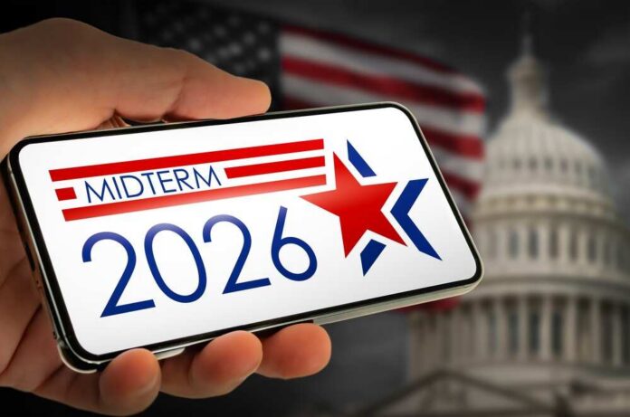 United,States,Midterm,Election,2026 Hand holding a smartphone displaying 'MIDTERM 2026' with a star and American flag in the background