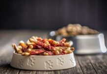 Dog kibble in a gray bowl with paw prints