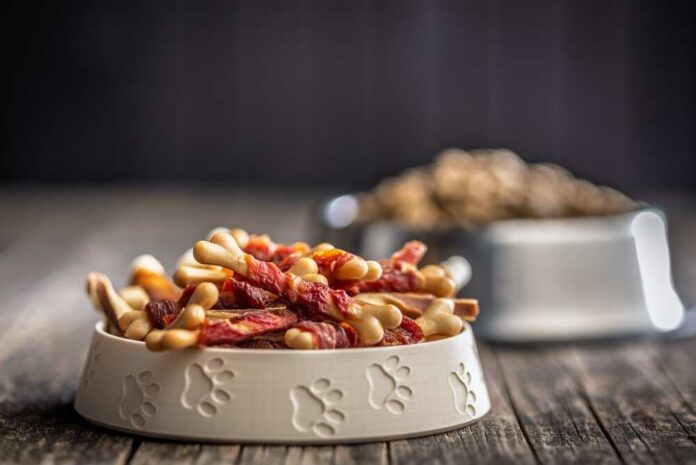 Dog,Food.,Snack,Sticks,For,Dogs,In,Bowl,On,A Dog kibble in a gray bowl with paw prints
