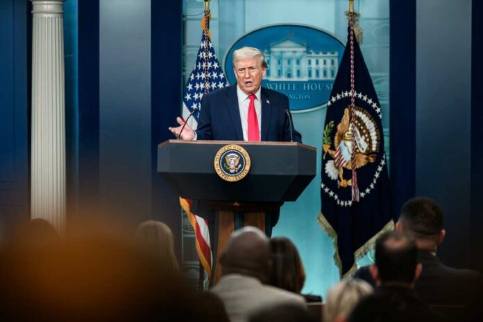 President,Donald,Trump,Addresses,Members,Of,The,Media,In,The President Donald Trump