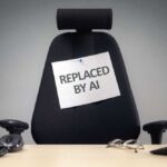 AI Blamed Again — Who’s Next? Empty office chair with a sign pinned to the backrest