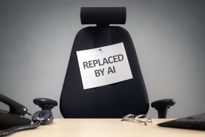 Empty office chair with a sign pinned to the backrest