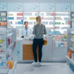 Customer talking to pharmacist at a bright pharmacy.