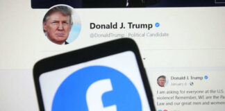 Facebook logo over Donald Trumps social media page