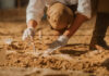 Archaeologist carefully excavating fossils in sandy soil
