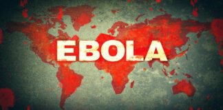 World map with bold Ebola text over red outbreak theme