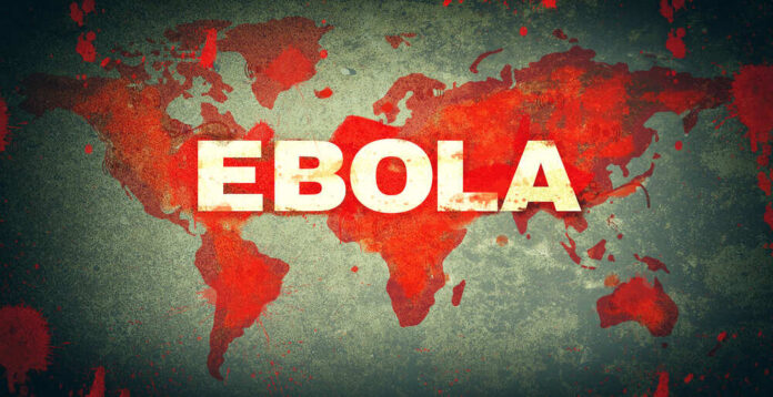 Ebola World map with bold Ebola text over red outbreak theme