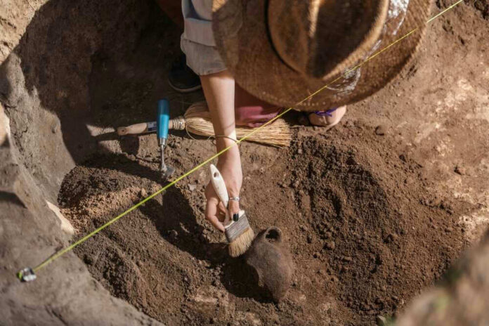 shutterstock_2300986337 Archaeologist uncovering pottery at a dig site.