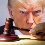 Jury’s Sting Endures — Trump Must Pay Donald Trump behind a judge’s gavel held by a hand