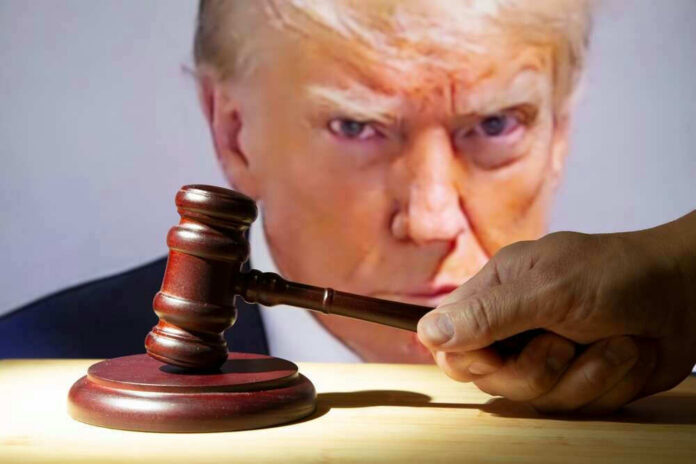 Donald Trump behind a judge’s gavel held by a hand