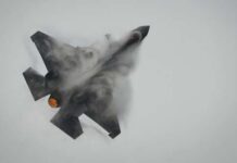 Fighter Jets Shoot Down Border Drone Fighter jet performing an aerial maneuver with smoke trailing behind