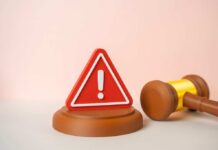 Infamous Murder Case: Judge On The Line A red warning sign next to a legal gavel on a light background