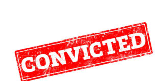 Red stamp with the word 'CONVICTED' in bold white letters