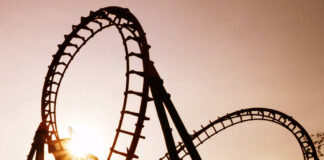 Roller coaster loops at sunset