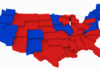 Deep-Red Seat Flips? Map of the United States colored red and blue.