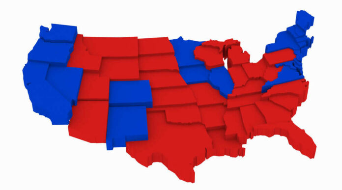 shutterstock_770673952 Map of the United States colored red and blue.