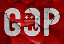 VIDEO: GOP Campaign Implodes After Incident Cracked GOP logo on a red background.