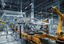 Trump Shakes Southern Auto Belt Car assembly line with robotic arms in a factory.