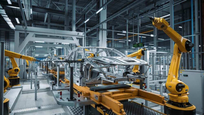 shutterstock_2075069902 Car assembly line with robotic arms in a factory.
