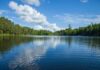 Fishing Trip Becomes Nightmare A tranquil lake surrounded by trees under a blue sky with fluffy clouds