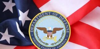 Department of Defense emblem on an American flag background