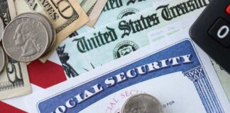 A collection of financial documents including a Social Security card, cash, and coins
