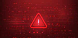 Warning triangle icon on red digital background