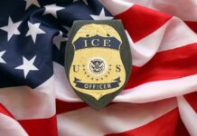 ICE Blitz Hits Scammers ICE officer badge placed on an American flag