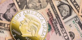 commemorative coin on assorted US dollar bills